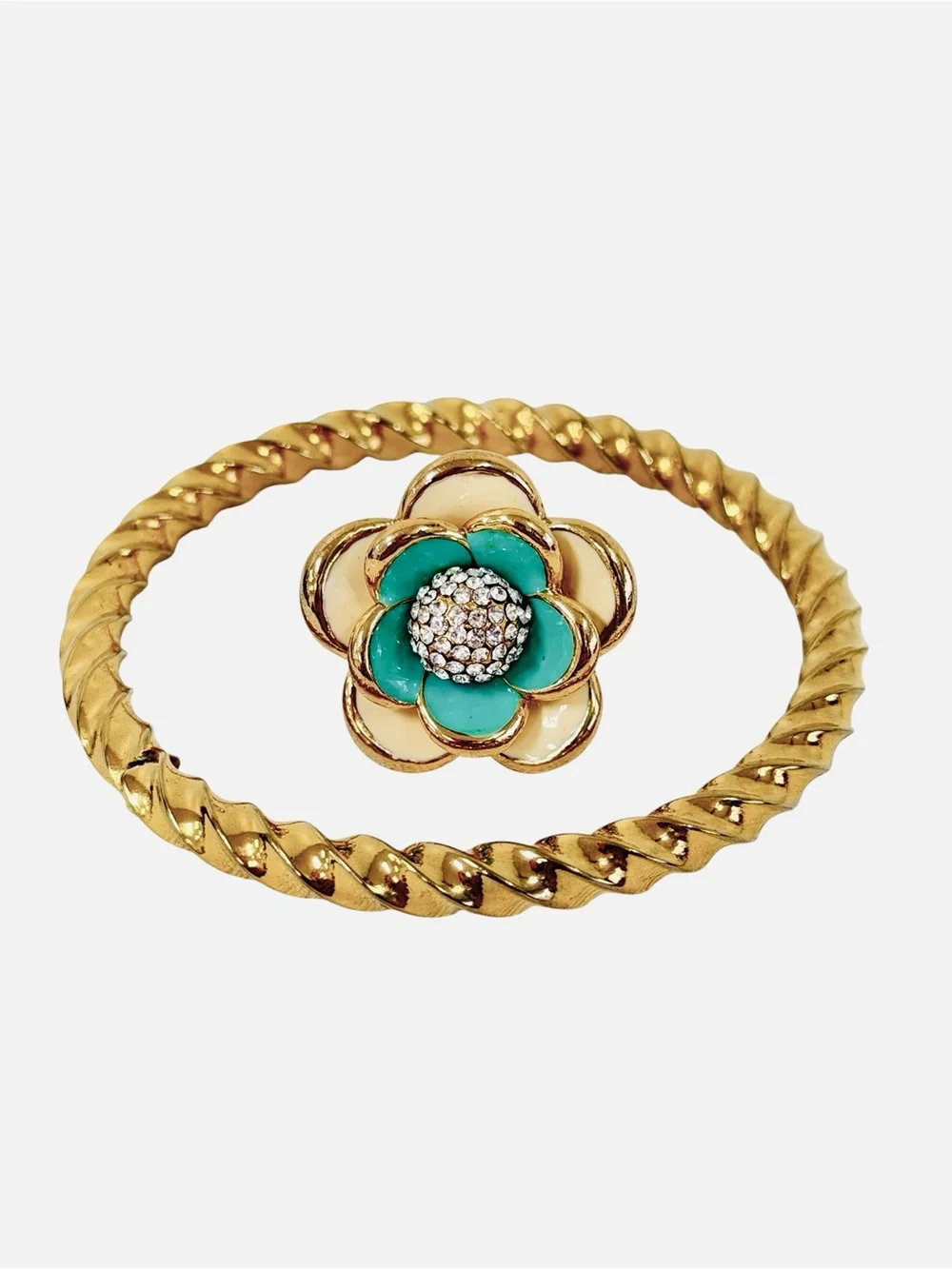 Jewelry Set-2 Turquoise Flower Adjustable Ring Gold Tone Twist Bangle Bracelet